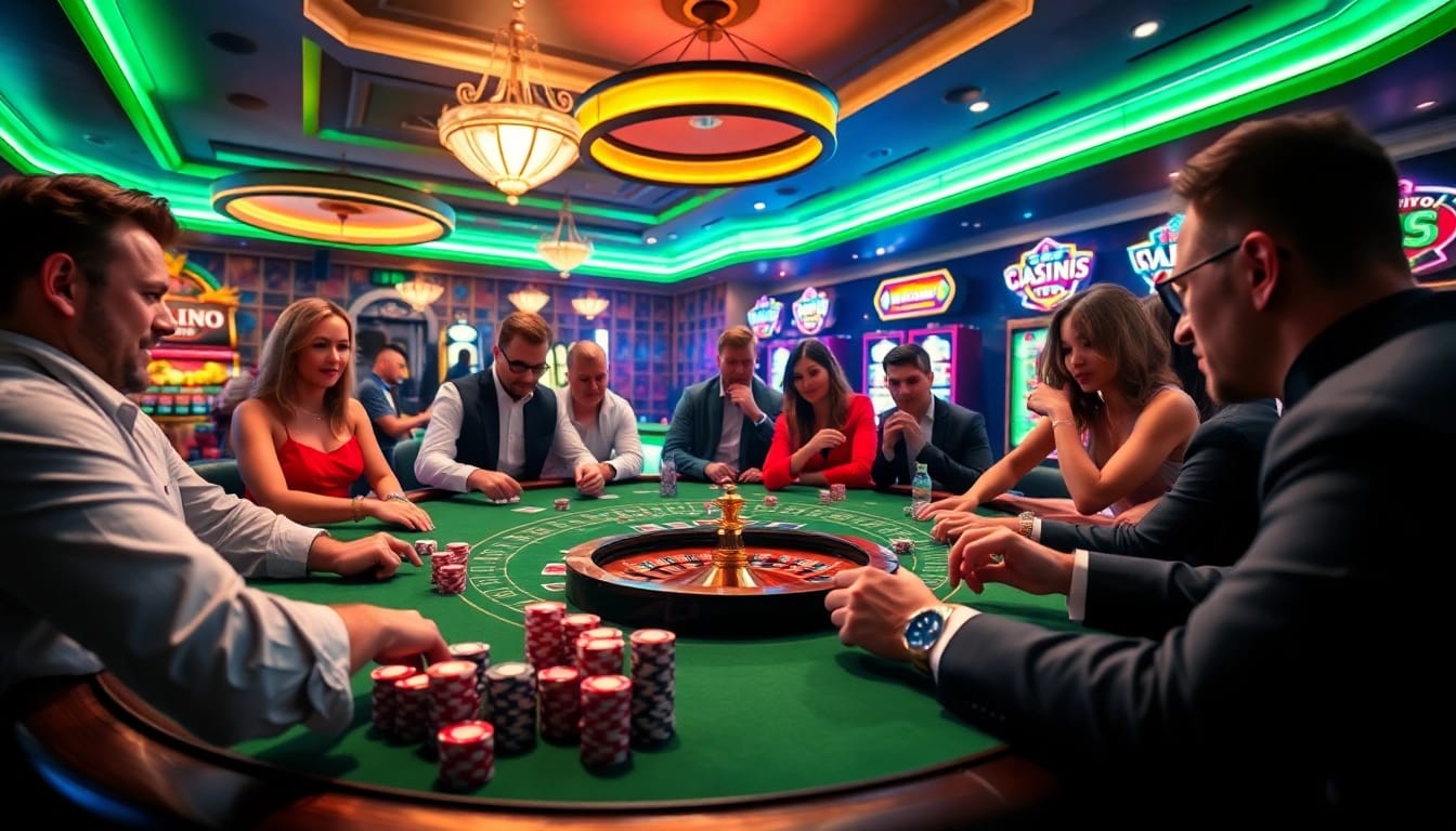 Players enjoying the thrilling atmosphere of gambling at https://ev88.claims/ with poker chips and a roulette wheel.