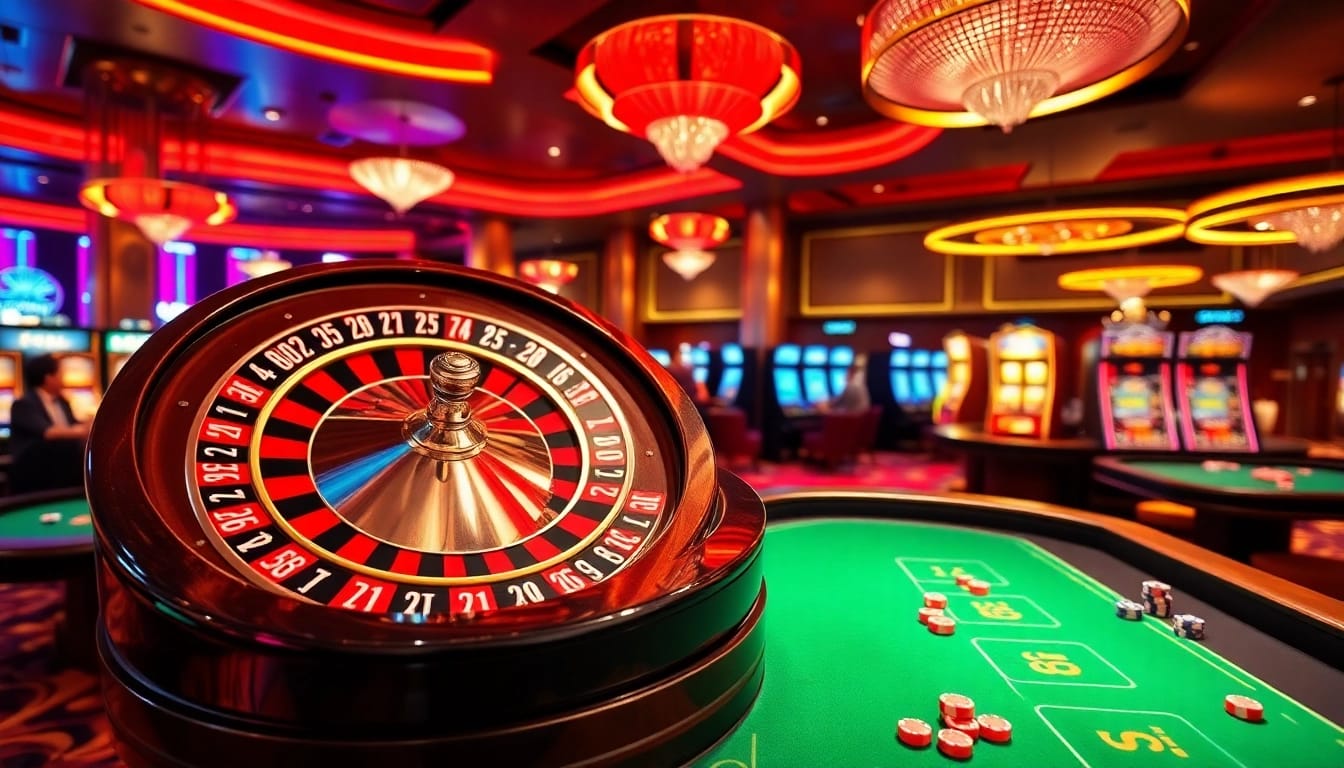 Exciting gaming action at iwin clup casino with roulette, poker chips, and slot machines.