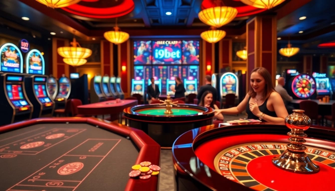 Experience i9bet action at a vibrant casino featuring gaming tables and slot machines.