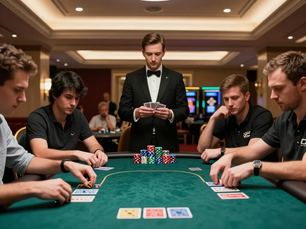 Players strategizing their next move in a poker game at 888VI BET luxury casino.