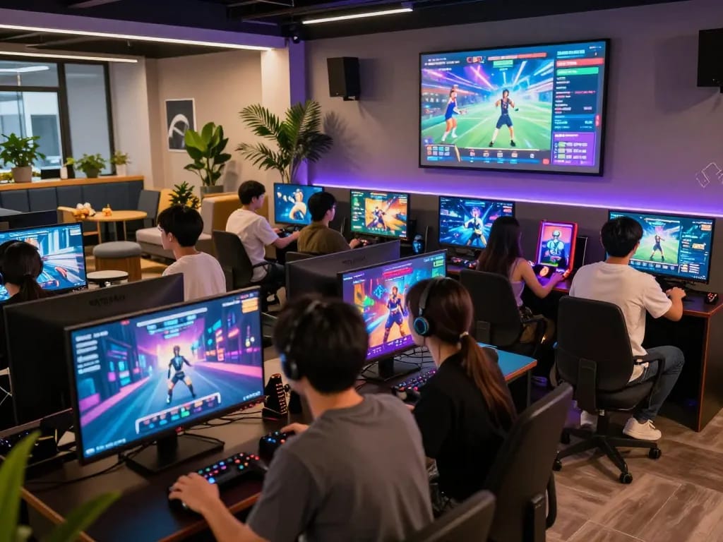 Players enjoying a variety of html porn games in a vibrant arcade setting, showcasing an engaging gaming atmosphere.