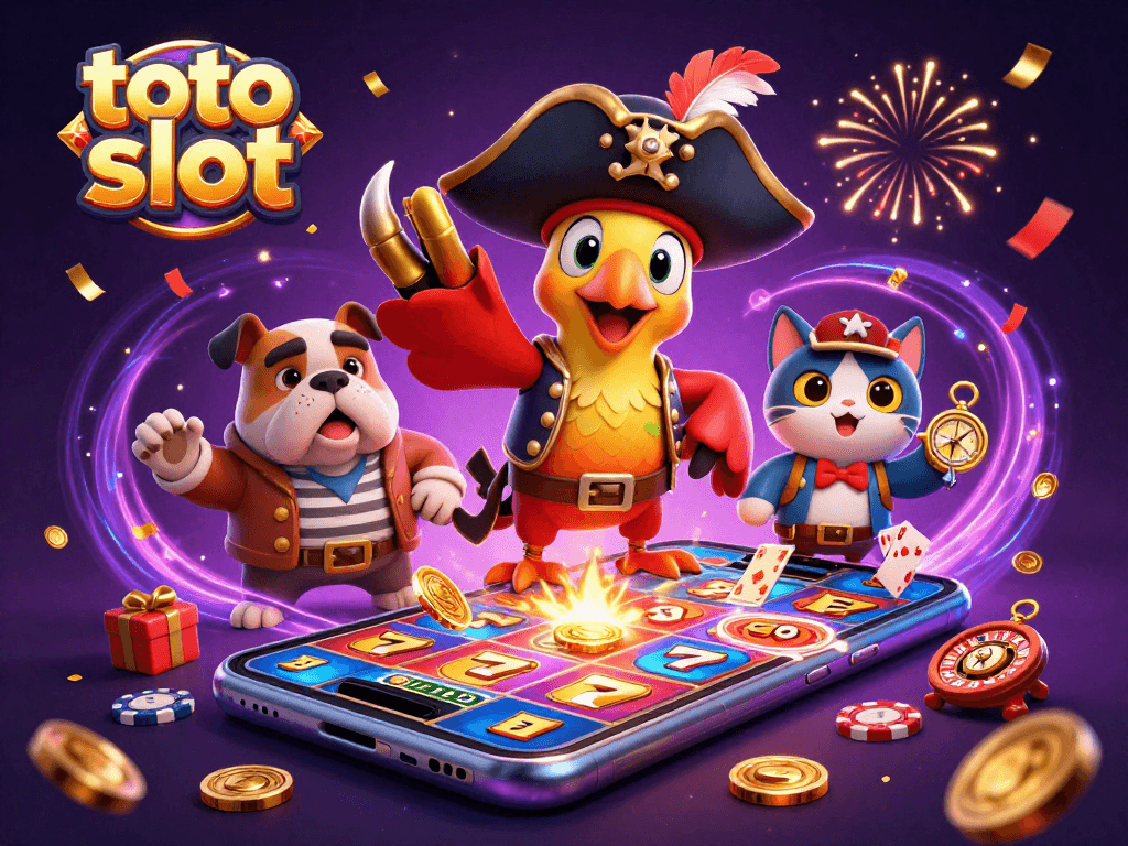 Experience thrilling toto slot action with our pirate captain and friends in a dynamic casino illustration.