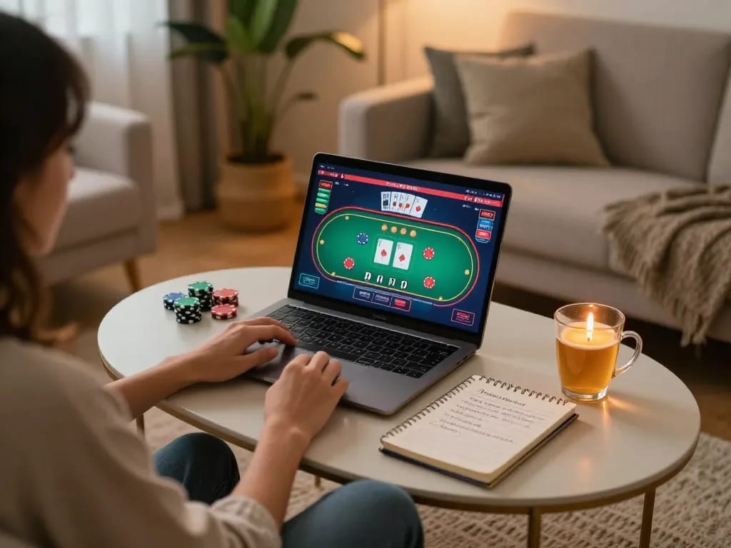 Engaging in online poker gaming with link vào gg88 on a laptop in a cozy living room setting.