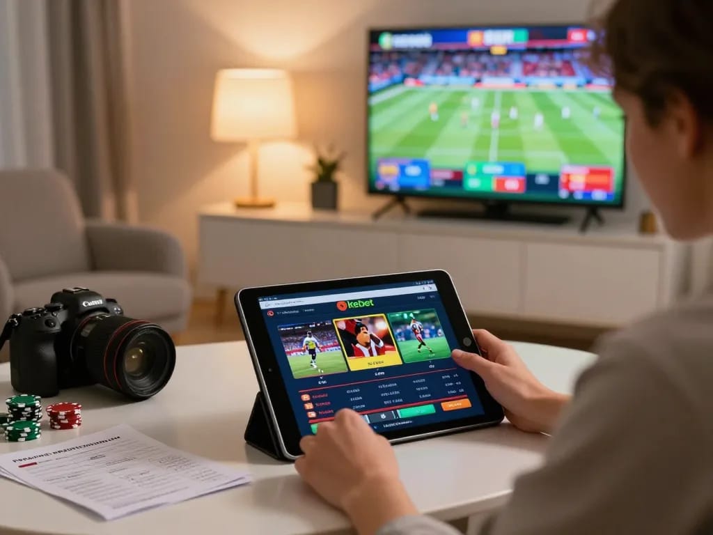 Kebet casino user placing bets on a tablet amidst sports memorabilia and betting notes