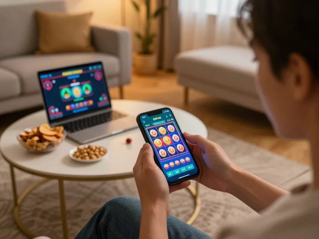 Winning on the OKFUN app, showcasing a user engaged with vibrant slot graphics while relaxing at home.