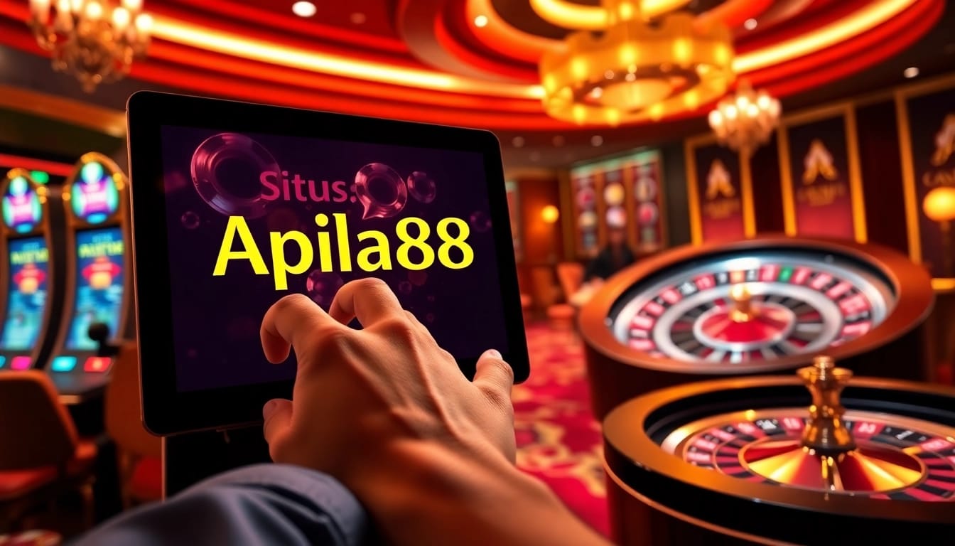 Situs apiraja88 gaming action with illuminated slot machines and poker chips on a lively casino interface.