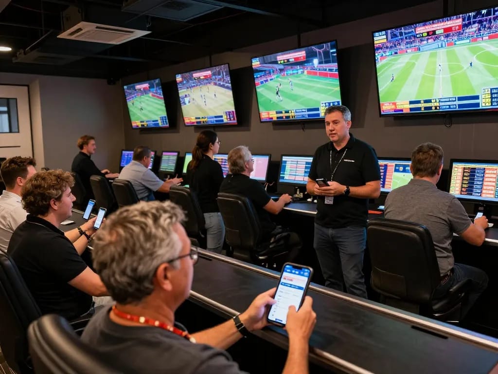 Sun win patrons placing bets at a modern sportsbook with excited atmosphere and live game screens.
