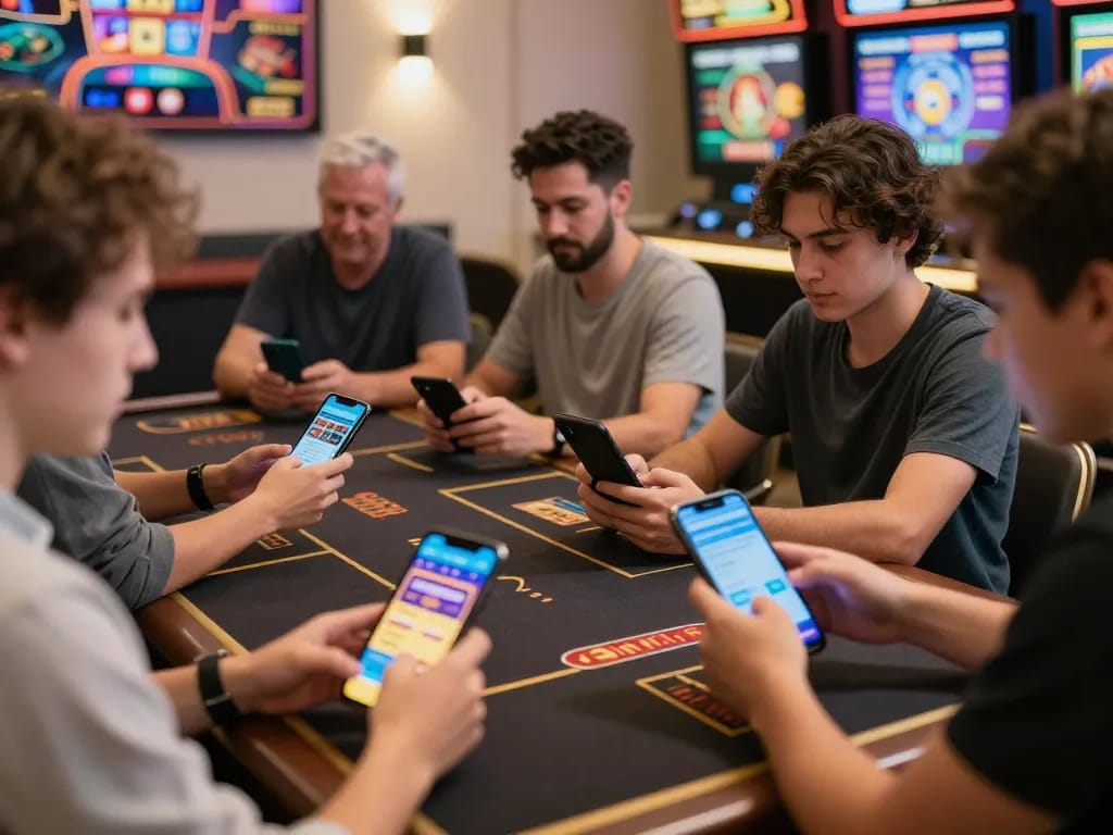 Players enjoying diverse non gamstop casino games on mobile devices in a lively home setting