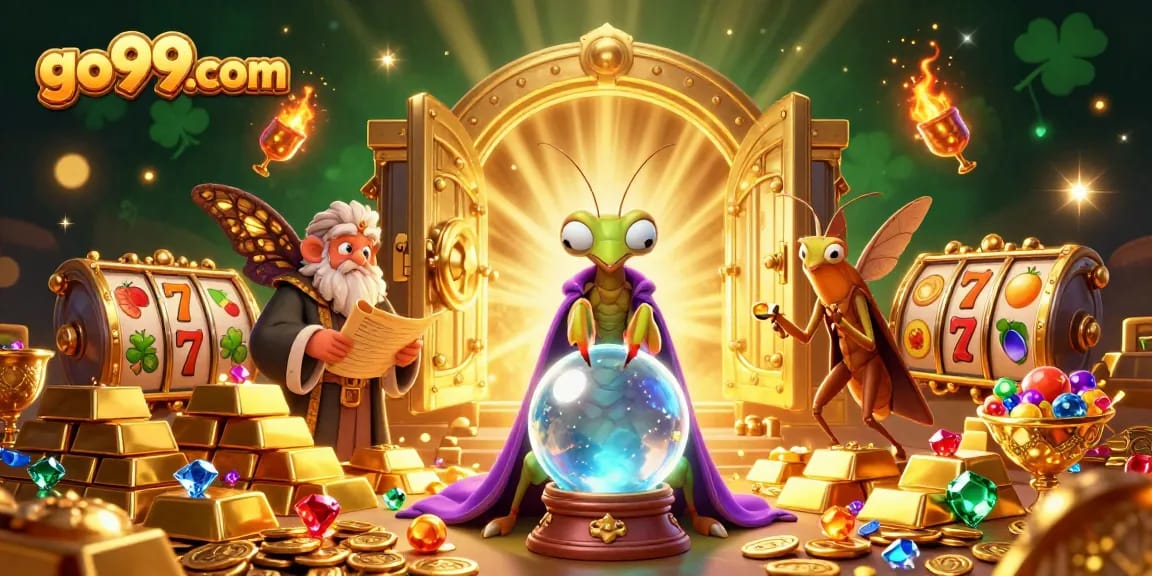 Engage with go99com's vibrant 3D casino scene featuring fortune tellers and slot symbols.