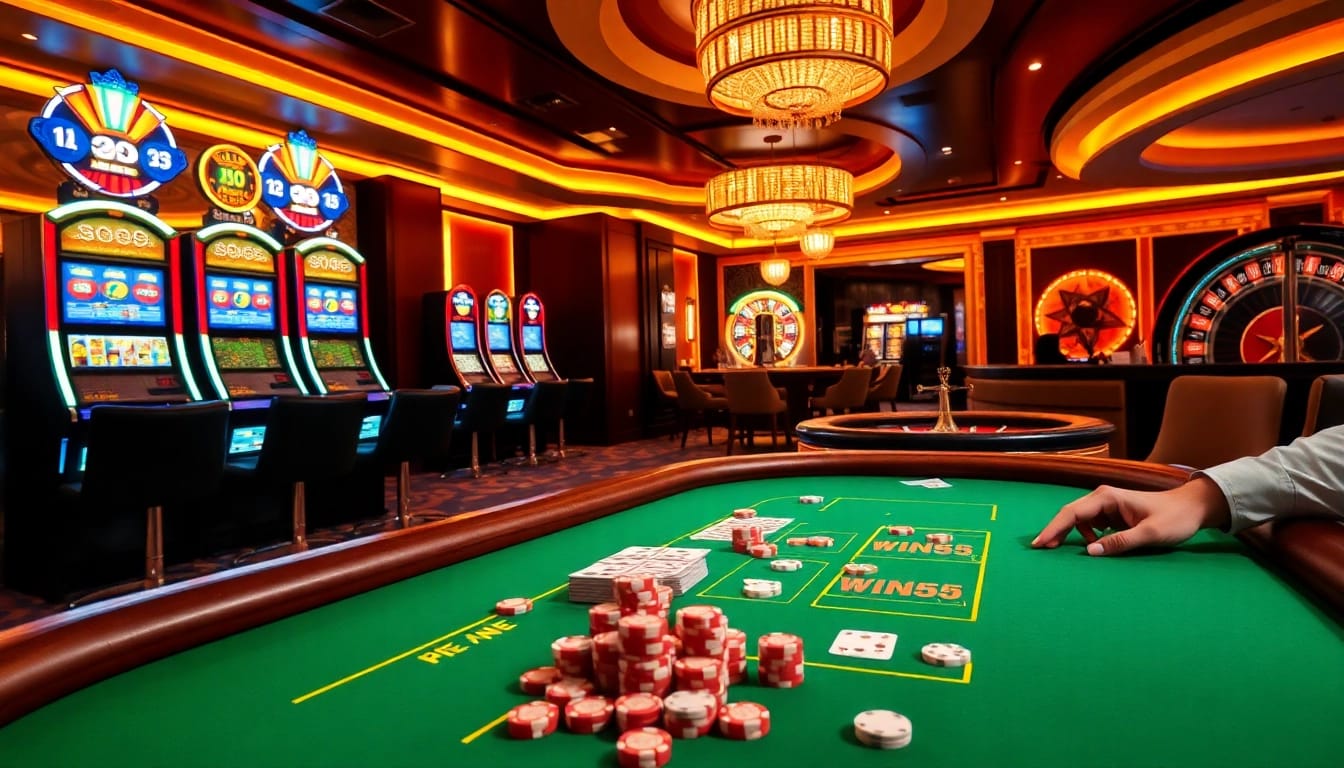 Players strategizing at a casino table, with win55 chips and vibrant lighting creating an exciting atmosphere.