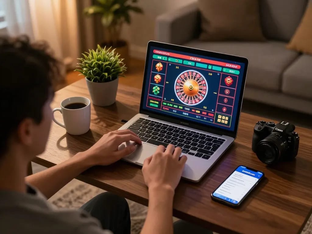 Player engaging in live casino game on open88.com with laptop and smartphone in cozy home setting