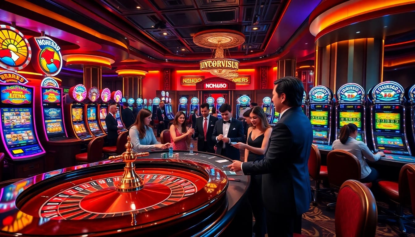 Nohu90 players enjoying vibrant slot machines and live gaming at a luxurious casino.