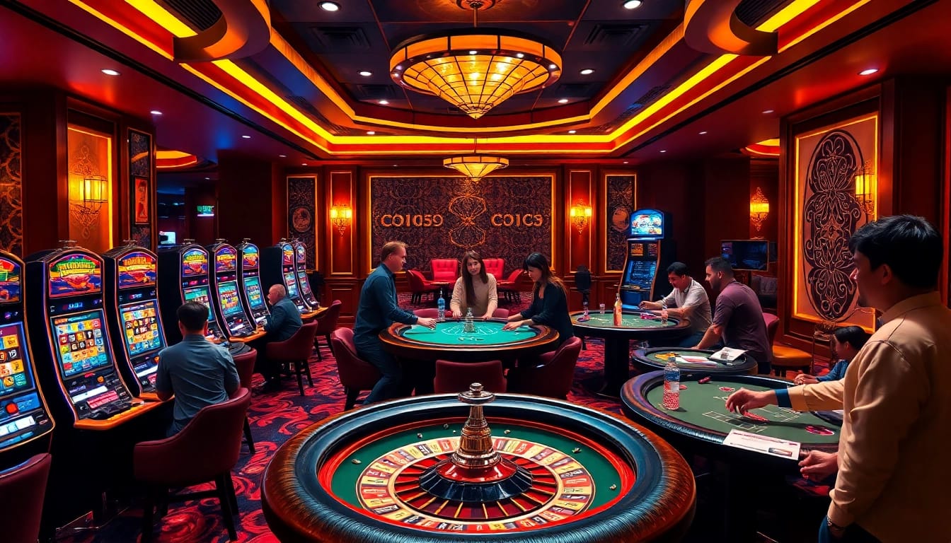 Hit club casino scene showcasing high-stakes gambling with vibrant slot machines and poker tables.