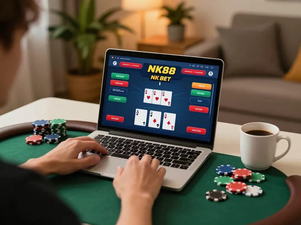 Engaging in NK88 BET online poker while enjoying a cozy home setting.