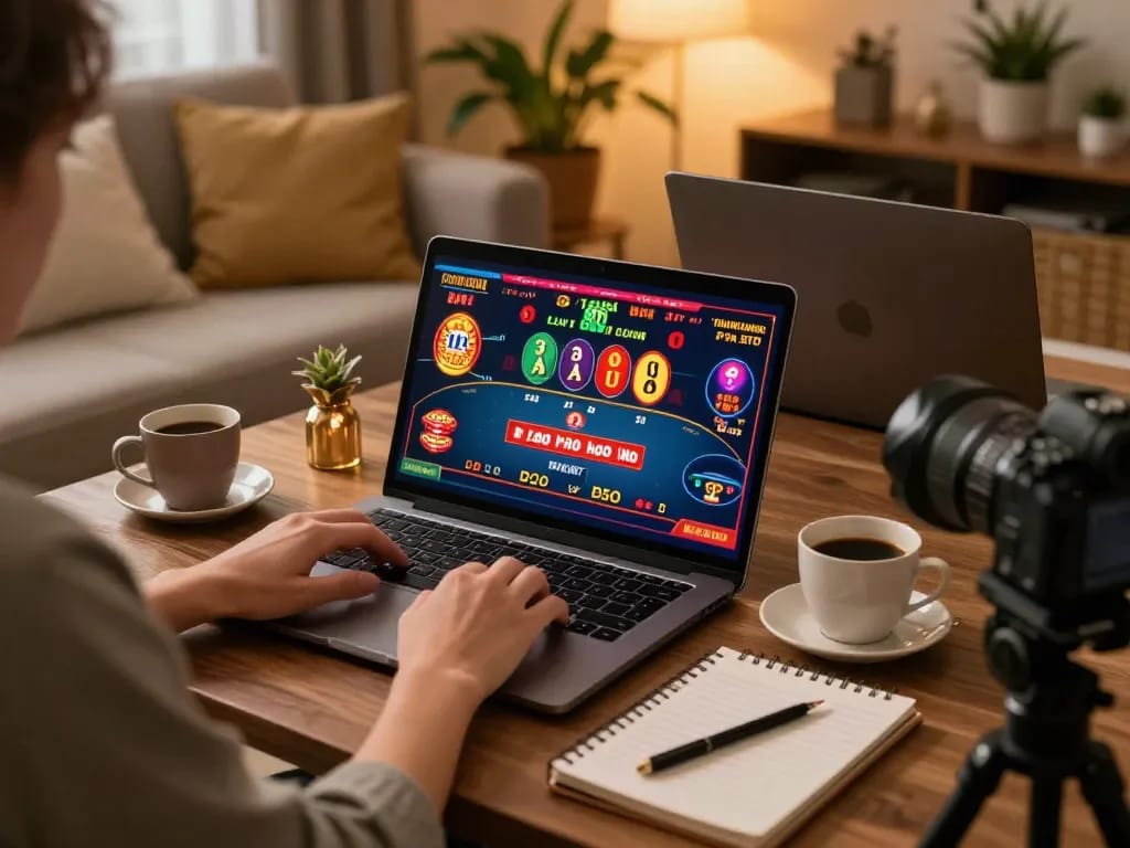 Enjoying fun88 games on a laptop, surrounded by cozy decor and betting notes.