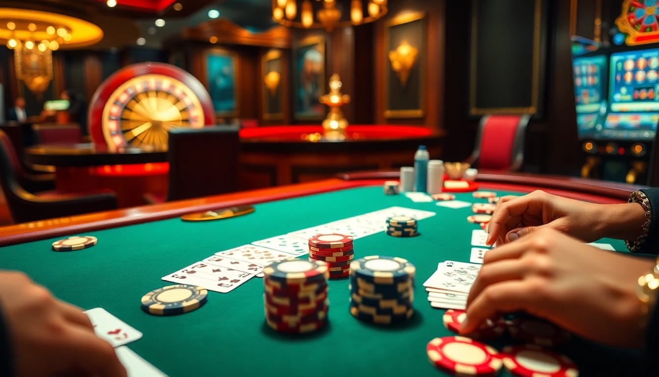 Experience the thrill of winning at https://fly88-vi.com/ with a luxurious casino scene featuring engaged players, poker chips, and a roulette wheel.