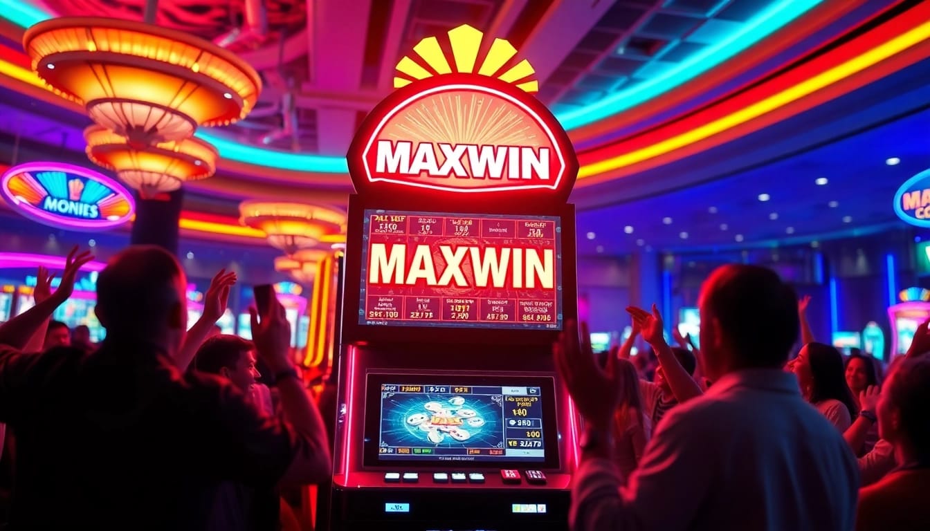 Menggambarkan pemain merayakan kemenangan slot maxwin di lingkungan kasino yang ramai.
