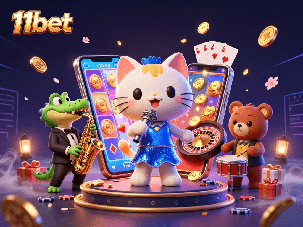 Engage with 11bet's vibrant casino life featuring a jazzy cat, saxophone croc, and drum-playing bear.