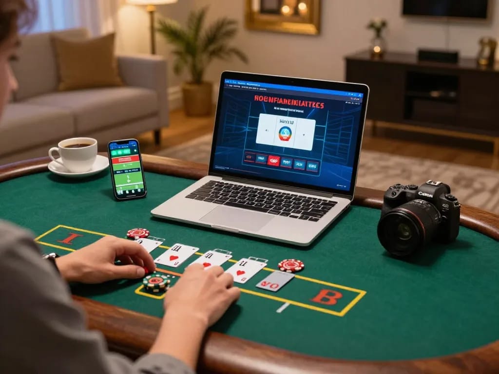 Engaging in a live dealer blackjack game on mb66, showcasing an upscale online gaming setup with laptop and smartphone.