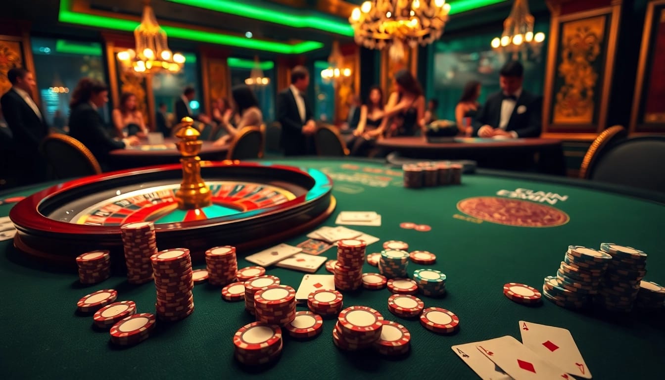 Experience the thrill of 13Win with an exciting casino scene showcasing poker and roulette.