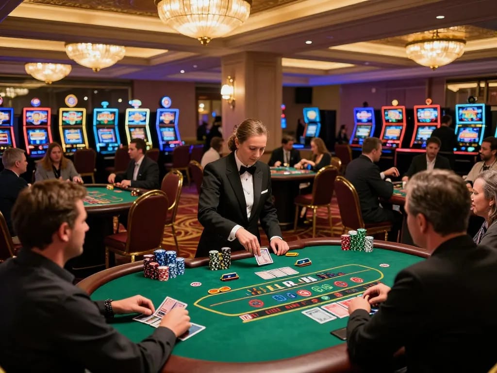 Engaging gameplay at say88 casino featuring players at blackjack tables, cards and chips present for realism.