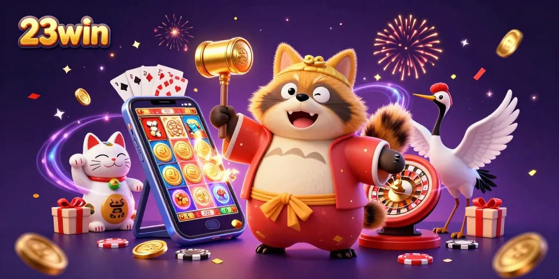 Experience the excitement of 23win with a vibrant casino scene featuring a cheerful tanuki and fortune cats.