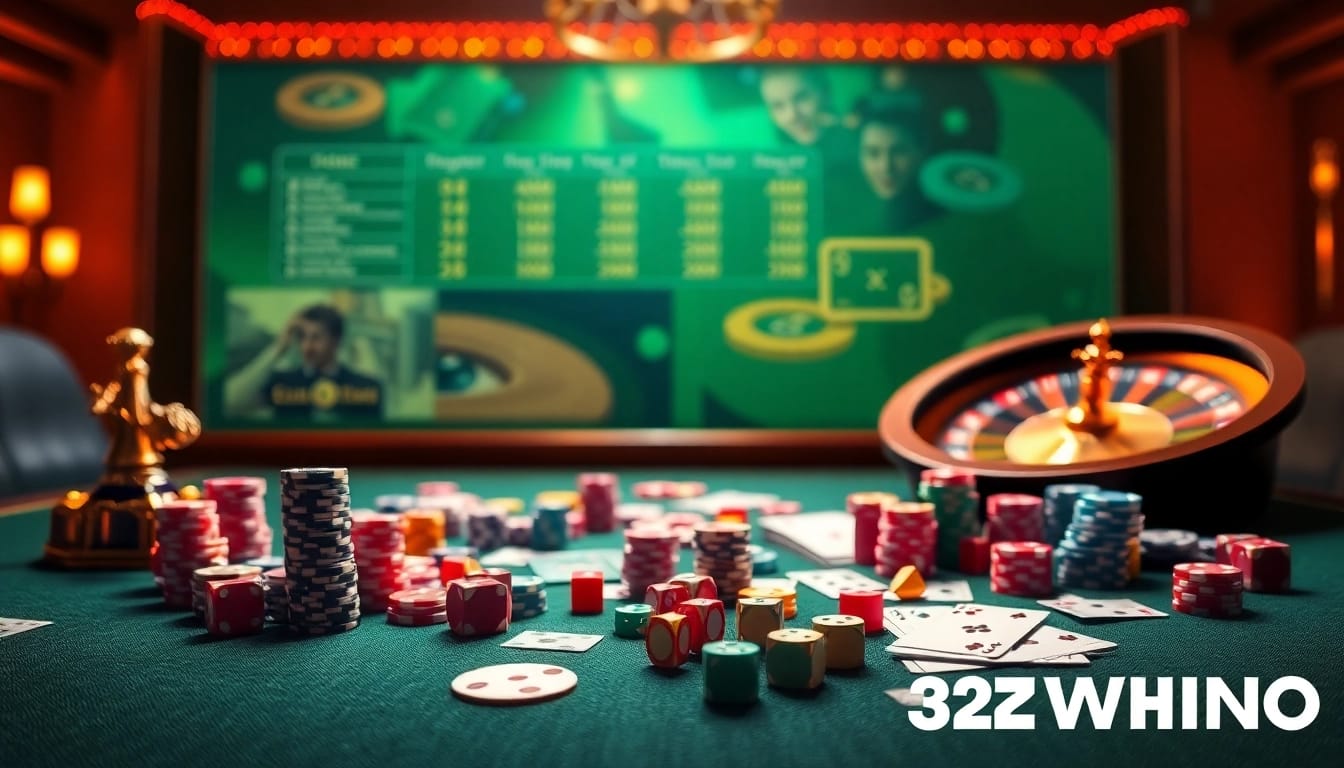 A thrilling interactive scene of the 32WIN Game showcasing poker chips and cards in a luxury casino setting.