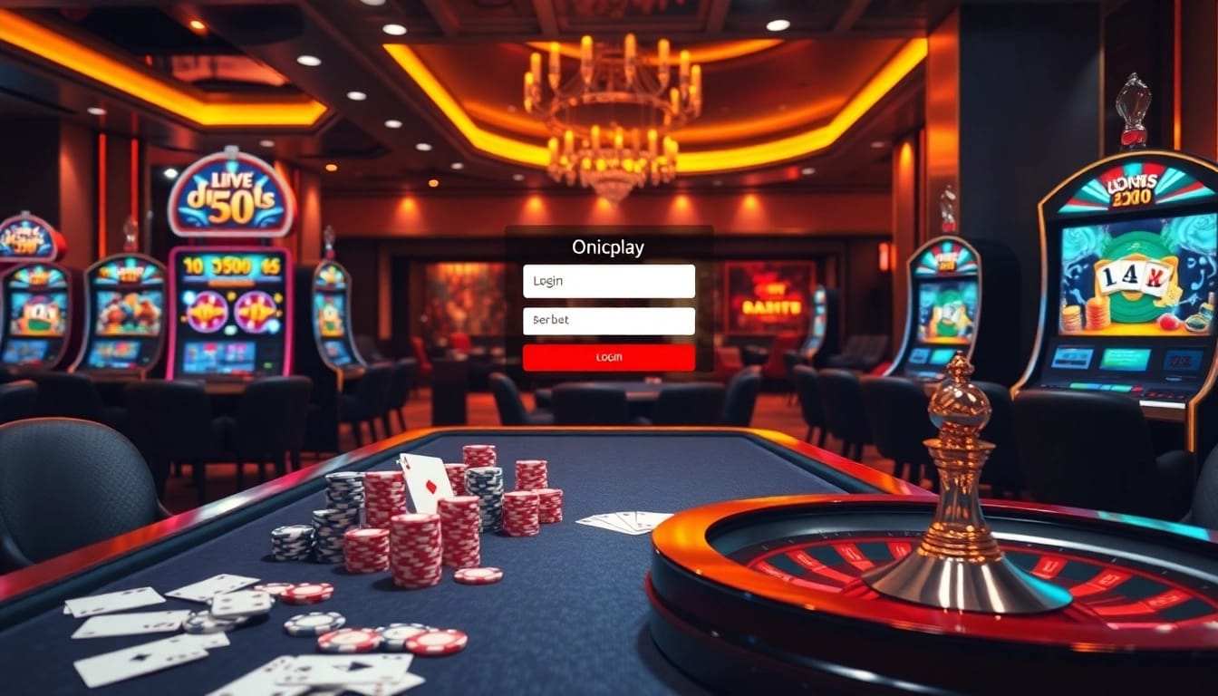 Gamblers enjoying the onicplay login experience with modern slot machines and vibrant casino elements.
