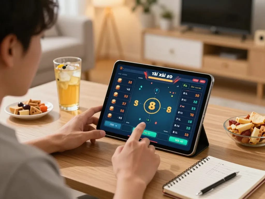 Tài xỉu online gameplay on a tablet showing active betting interface, cozy home setting with snacks and a notebook.