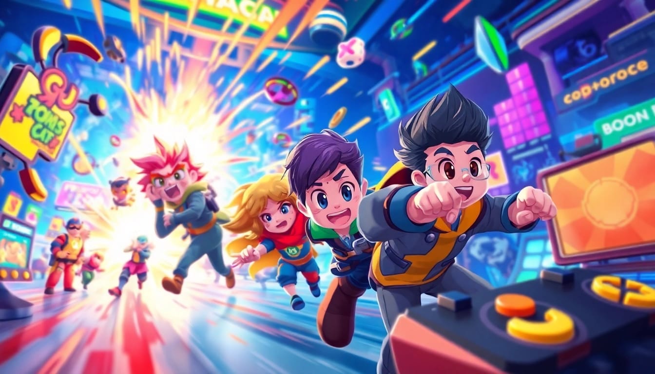 Rasakan keseruan bermain qq macan game dengan karakter beraksi di latar belakang digital yang cerah.