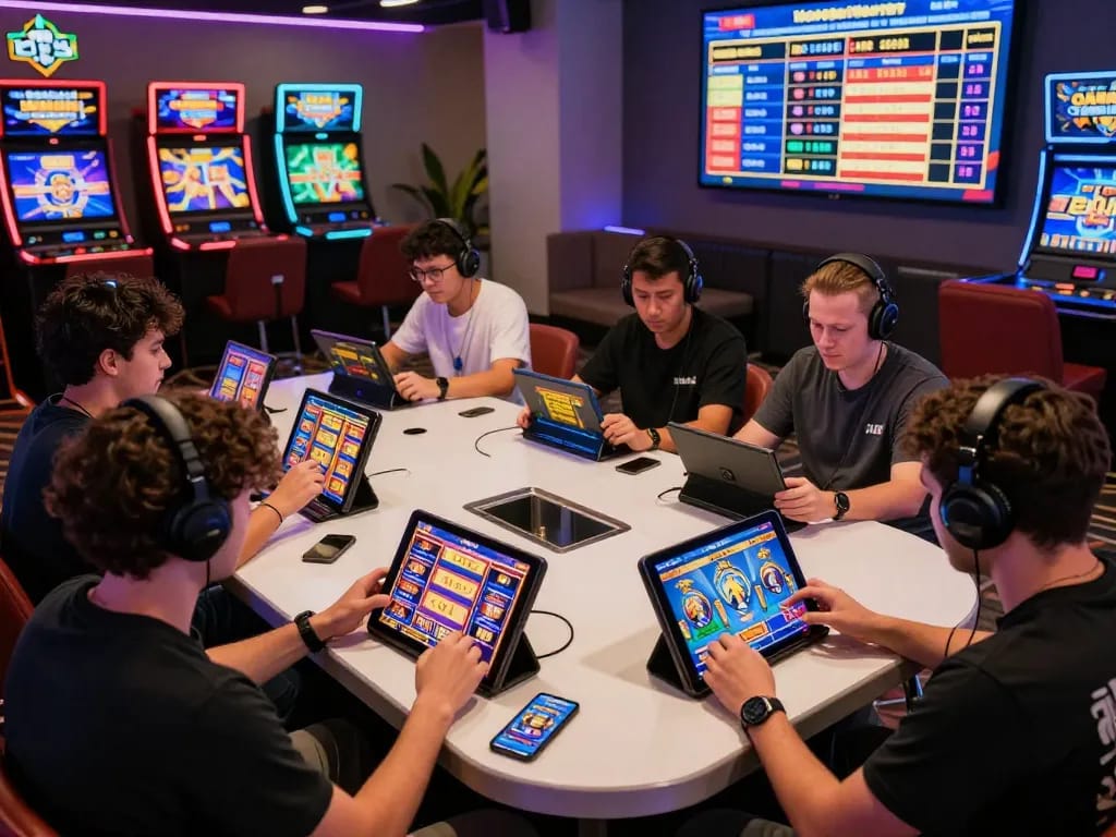 Pemain menikmati permainan slot demo di ruang perjudian online yang ramai, menampilkan slot berwarna-warni dan interaksi yang hidup.