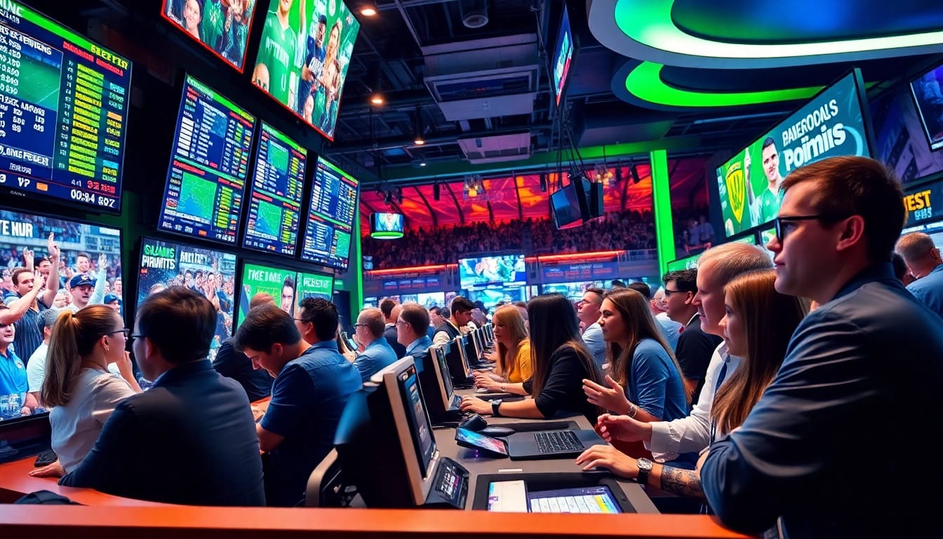 Experience the excitement of online Betting with bettors engaged in a vibrant sportsbook scene.