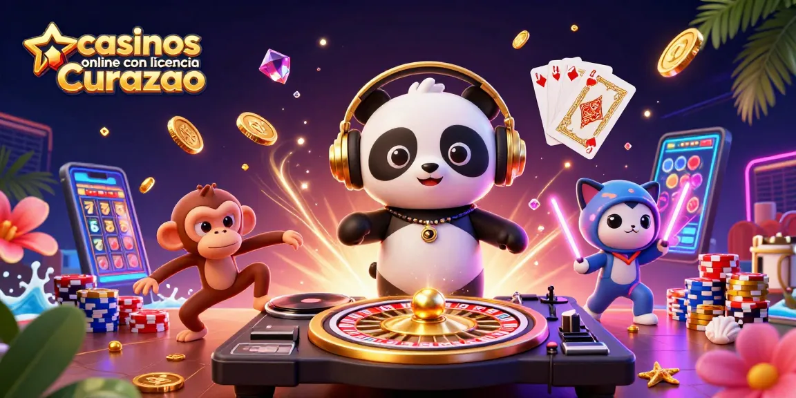 Engage in thrilling action at casinos online con licencia Curazao, featuring a DJ panda and casino elements.