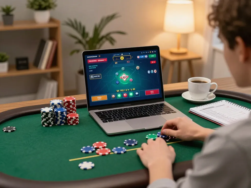 Engaging online poker experience with 388bet, showcasing strategy notes and vibrant gaming setup.