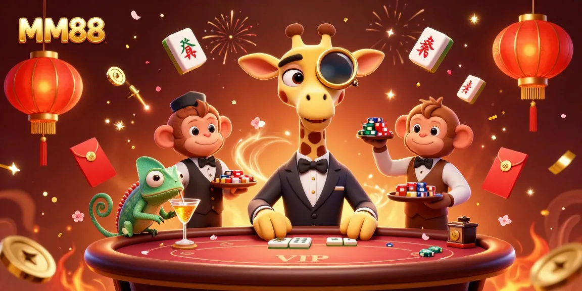 Experience thrilling gaming at MM88 with a high-roller giraffe and friends at the poker table.