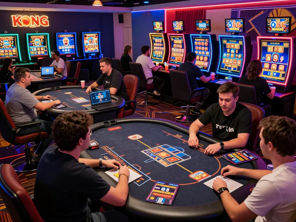 KONG 88 enthusiasts engaging with live casino games on stylish laptops and tablets amidst a vibrant online gaming atmosphere.