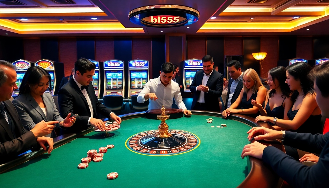 Play poker at the bl555 casino with vibrant chips and illuminated roulette wheels.