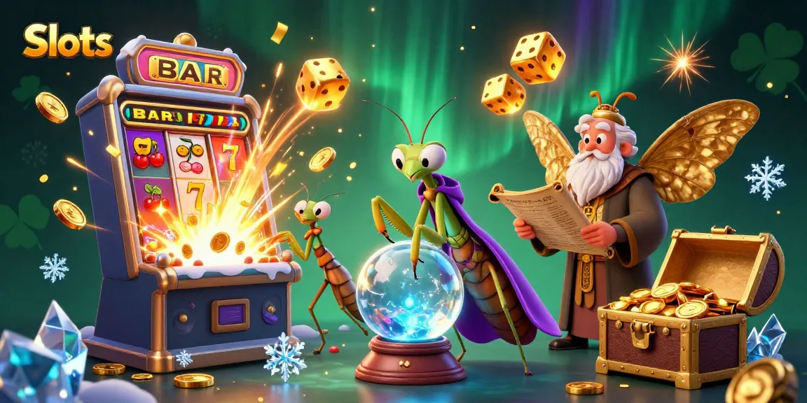 Spin and win with Slots illustrated by a whimsical scene featuring a cartoon praying mantis and moth librarian.