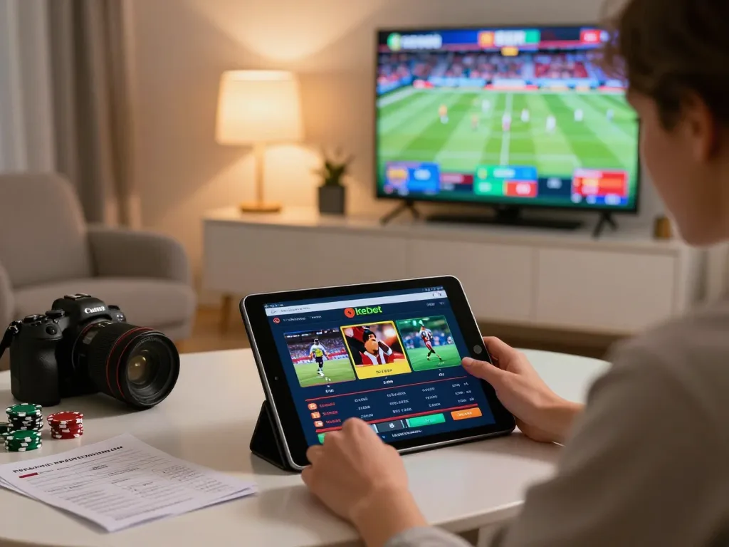 Kebet casino user placing bets on a tablet amidst sports memorabilia and betting notes