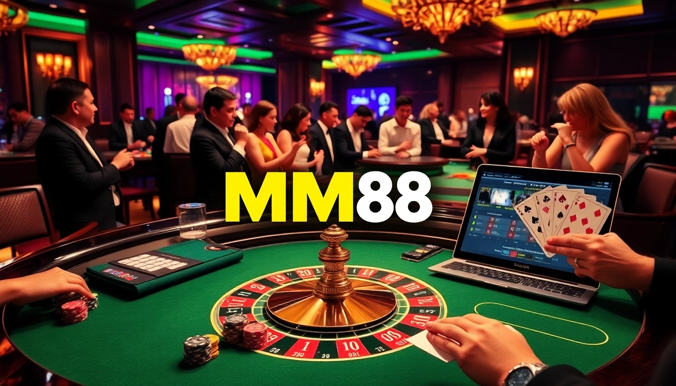 Players enjoying games at the MM88 online casino with poker chips and roulette.