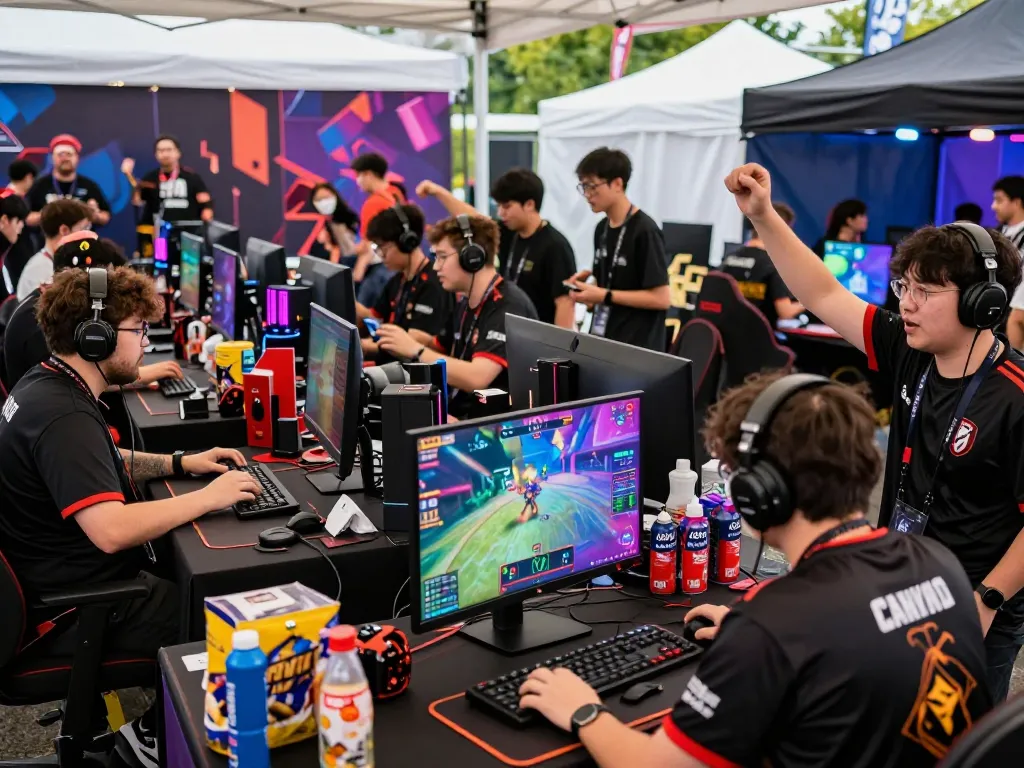 Exciting esports atmosphere at https://www.gamestoursfestival.com/programme/ with gamers competing and vibrant crowd.