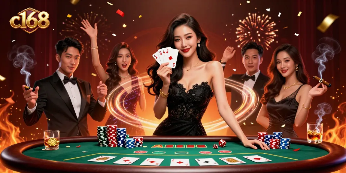 Experience thrilling gameplay at c168 with an elegant Asian woman showcasing winning poker hands in a luxurious casino.