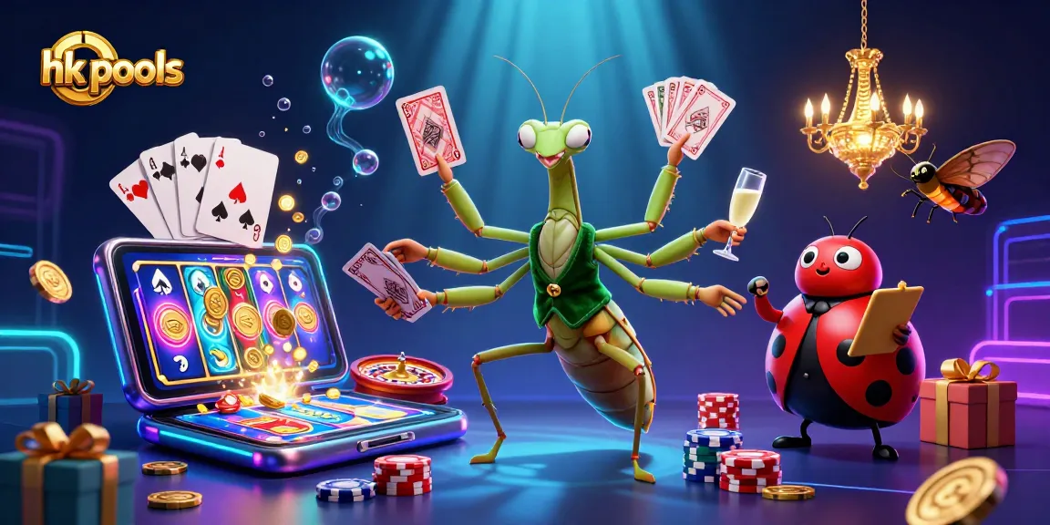 Mengunjungi hk pools dengan 3D kartun mantis berperan sebagai dealer kartu dan ladybug sebagai pit boss, dipenuhi elemen permainan slot dan kasino.