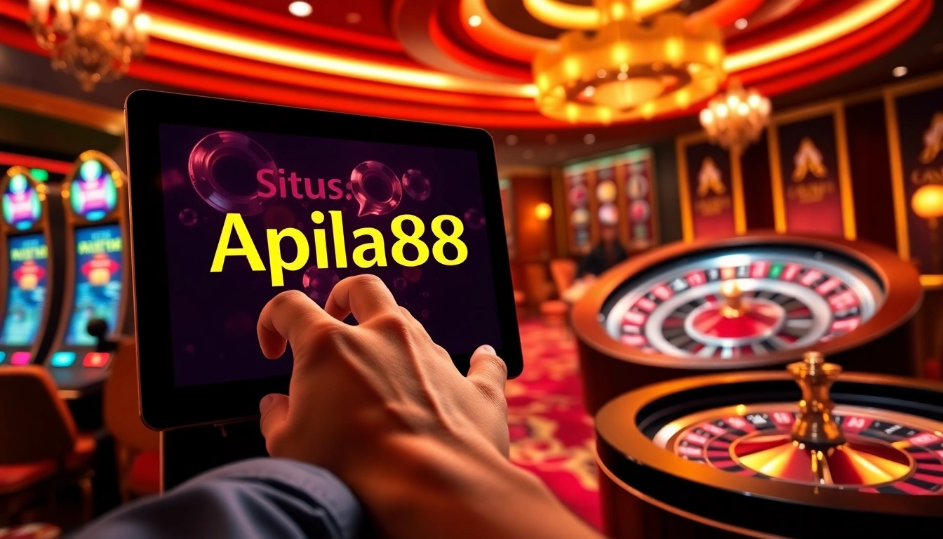 Situs apiraja88 gaming action with illuminated slot machines and poker chips on a lively casino interface.