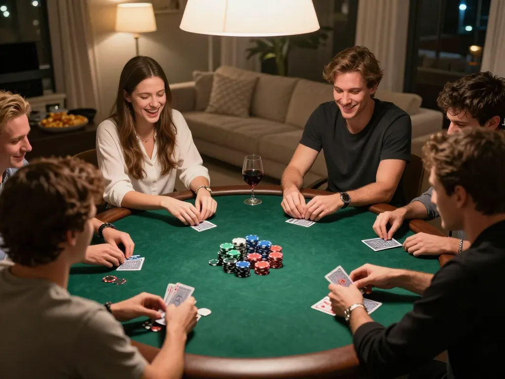 Enjoying poker night with friends at home while exploring open88.com gaming options.