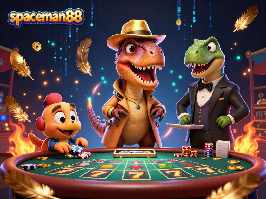 spaceman88 captivates players at a blackjack table with a crafty velociraptor amidst glowing casino elements.