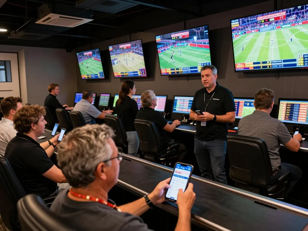 Sun win patrons placing bets at a modern sportsbook with excited atmosphere and live game screens.