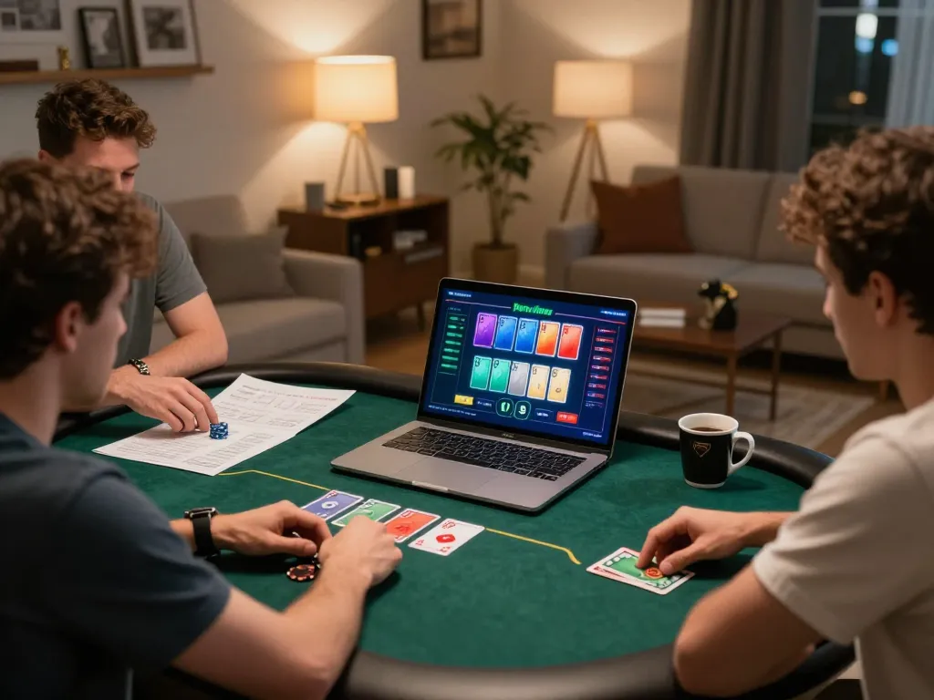 Iwin players engage in strategic poker game from home setup with colorful cards and betting details