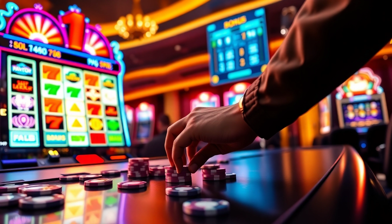 Kesenangan bermain aman788 slot gacor dengan mesin slot yang berwarna-warni dan chip poker selama permainan yang mendebarkan.