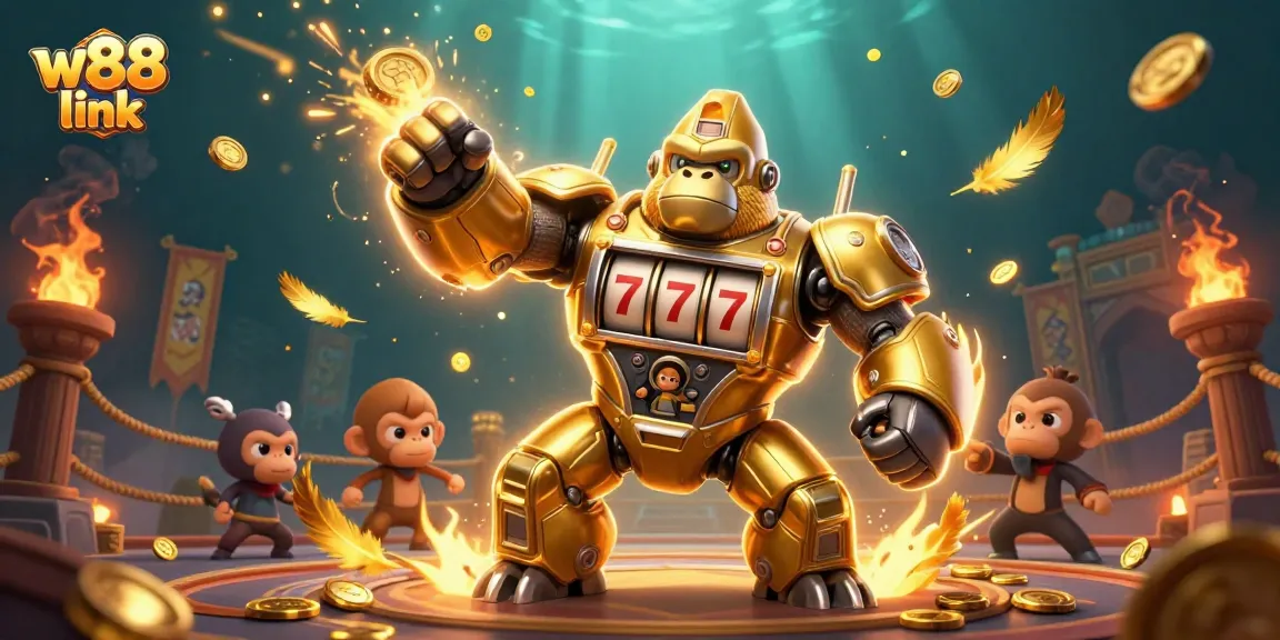 Experience the excitement of w88 link with a dynamic scene featuring a golden gorilla mech and casino elements.